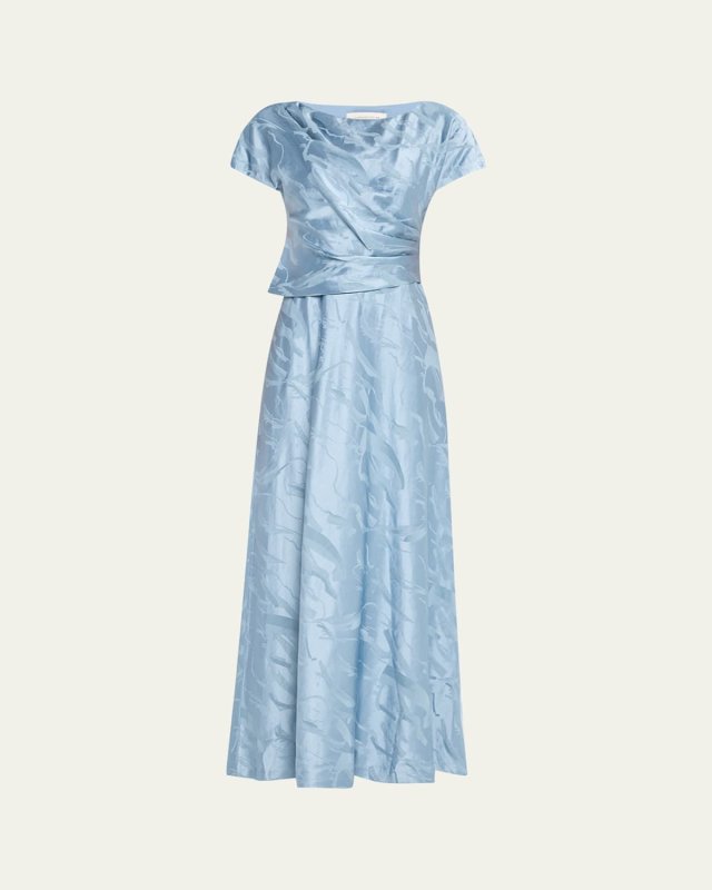 Pleated Dolman-Sleeve Jacquard Gown